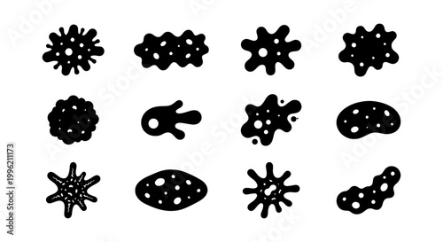 Microscopic bacteria and virus icons set, black silhouette germ and microbe collection, 12 biological pathogen vector elements for medical infographics