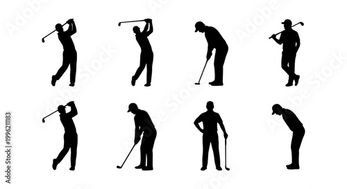Professional golf player silhouettes set, 8 male golfer vector icons in various swing and putting poses, black athletic figures for sports design