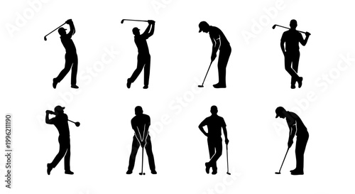 Golf player silhouettes set, professional golfer swinging and putting vector icons, 8 male athlete figures for sports tournament branding