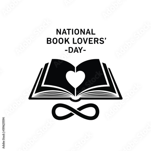 National book lovers day logo with open book, heart shape and infinity symbol