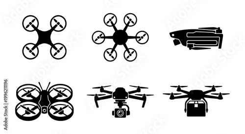 Modern drone icon set, black silhouette quadcopter and hexacopter vector illustrations, aerial photography and delivery drone symbols for logistics
