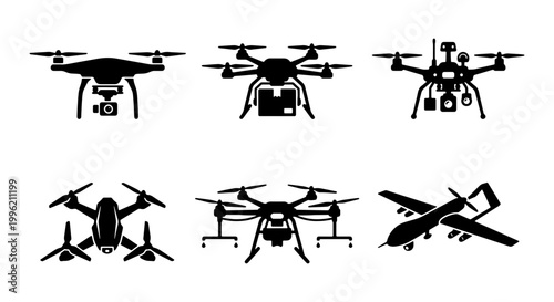 Drone silhouette vector set, 6 unmanned aerial vehicle icons for delivery and surveillance, black quadcopter and military uav graphics on white background