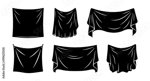 Black draped fabric silhouettes, set of 6 hanging cloth banners with realistic folds, dark textile curtains and hanging covers for stage or decor