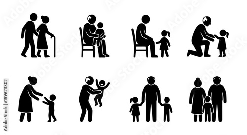 Grandparents and grandchildren stick figure icons, elderly couple with kids vector set, senior family members playing with children silhouettes