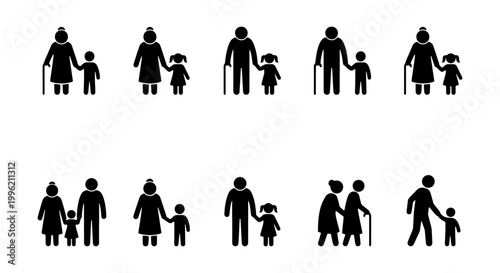 Elderly people and children icons set, black silhouette grandparents with grandchildren, senior citizens and kids vector pictograms for family signage