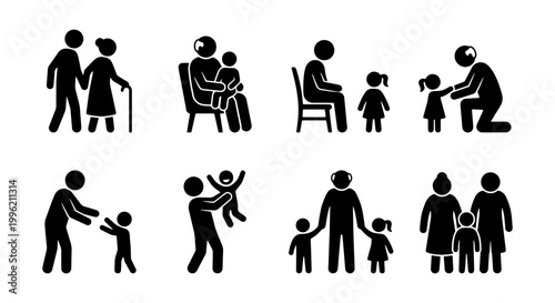 Grandparents and grandchildren stick figure icons, set of 8 family vector illustrations, elderly people playing with kids, senior care and multi-generational life