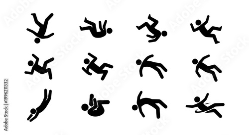 Falling person stick figure icons, set of 12 black silhouette man falling down, accident and injury warning symbols, vector human motion poses