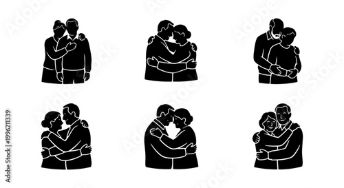 Senior couple hugging silhouette icons, elderly people embracing in 6 vector poses, romantic retired man and woman together, black and white family love graphics