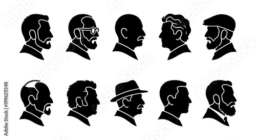 Vintage male profile silhouettes set, 10 bearded men head icons in side view, black and white gentleman portraits vector collection for barbershop branding