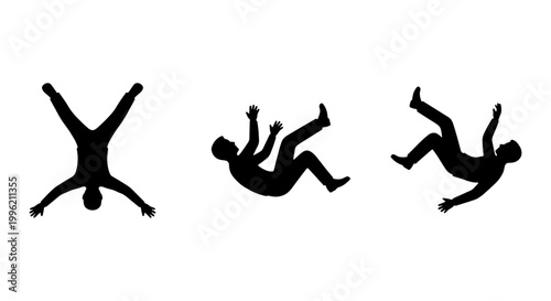 Falling man silhouette set, black human figures tumbling in mid-air, male person dropping and plummeting vector icons for failure and accident concepts