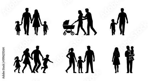 Family silhouette vector collection, black silhouettes of parents and children walking, set of 6 family groups with stroller and kids