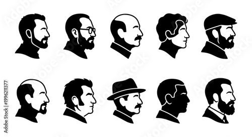Vintage male profile silhouettes set, 10 black and white man head icons, retro gentleman avatar collection, minimalist masculine face vector illustrations