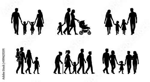 Family silhouettes set, diverse group of parents and children walking together, black vector icons of multi-generational families and couples with strollers