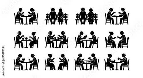 Elderly couple stick figure icons, senior people dating and dining set, 12 vector silhouettes of retired man and woman together, grandparents lifestyle