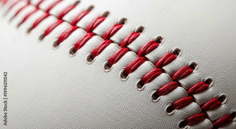 Obraz premium Close-up of red stitching on white leather baseball, sports equipment, athletic texture, seam detail