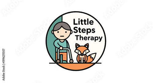 Therapy logo featuring person with walker and fox mascot on white background