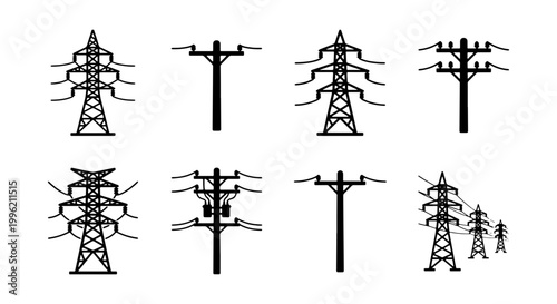 Electric power transmission tower silhouettes, high voltage utility pole icons set, industrial electricity pylon vector illustrations for energy infrastructure