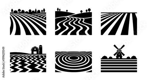 Minimalist farm landscape icons, black and white agriculture field silhouettes, set of 6 rural farmland vector illustrations for organic food branding