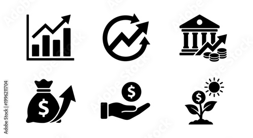 Financial growth icons set, black business investment symbols, money profit and banking success vector graphics, 6 flat icons for economy data