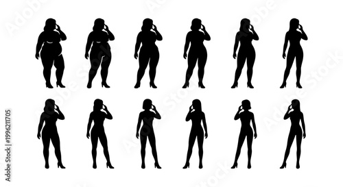 Weight loss transformation silhouettes of a woman, set of 12 female body progress stages, black vector icons showing slimming process and fitness journey