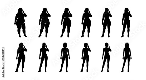 Body positive woman silhouette set, 12 diverse female figures talking on mobile phone, inclusive plus size and slim girl vector collection