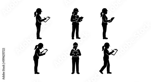 Industrial female worker silhouettes, set of 6 woman engineer icons wearing hard hats, construction inspector holding clipboard vector