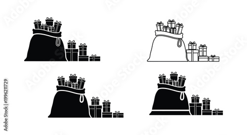 Four depictions of gift bags overflowing with presents a black silhouette