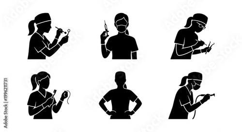 Medical professional silhouettes set, female doctor and nurse icons in black, healthcare worker vector collection with surgical tools and syringe