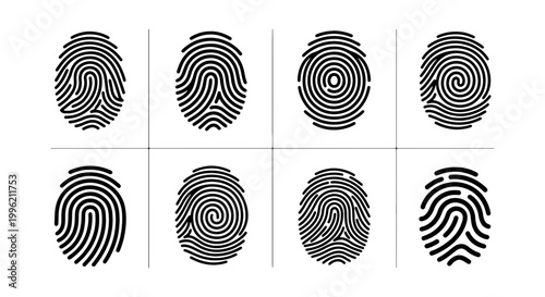 Biometric fingerprint scan icons, set of 8 unique human thumbprint patterns. Black digital identity verification symbols for security and forensic analysis.