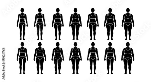Female body shape silhouettes, set of 14 diverse woman figure types in underwear, body positivity and weight loss progress vector icons