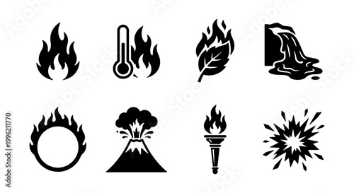 Black fire and heat icons set, 8 flat vector symbols of flame, volcano, torch and explosion, minimalist thermal energy and disaster signs