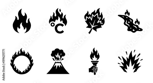 Fire and heat icon set with 8 black vector symbols, flame and temperature signs, volcano and torch graphics for hazard warning and energy design