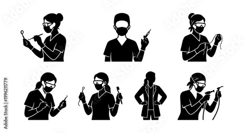 Professional dentist silhouette set, dental clinic staff icons in black and white, medical healthcare workers with dentistry tools vector collection