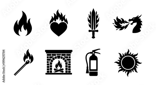 Fire and flame icon set, black silhouette heat symbols including fireplace and dragon, 8 vector elements for safety and energy design