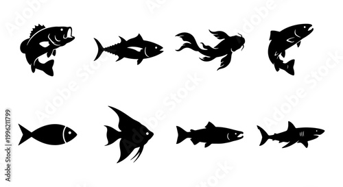 Black fish silhouette collection, set of 8 aquatic animal icons, minimalist sea life vector graphics for fishing logos and marine branding