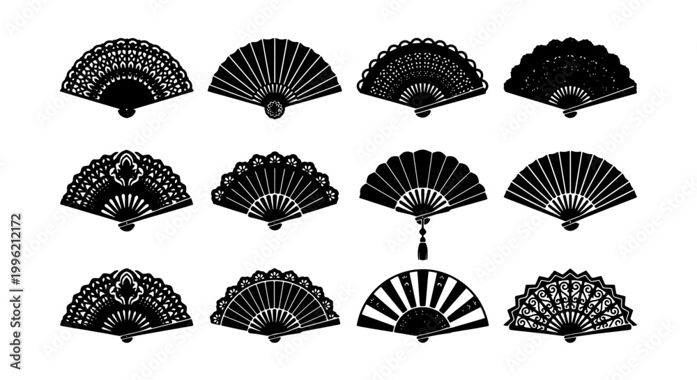 Εκτύπωση καμβά Traditional hand fan silhouettes set, 12 black oriental folding fan icons, decor