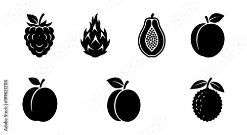 Minimalist fruit icon set with 7 black vector silhouettes, tropical and garden fruit symbols, flat graphic design elements for food menus and packaging