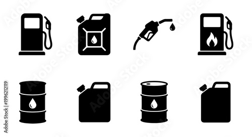 Gas station fuel icons set, black oil barrel and gasoline canister vector silhouettes, petrol pump and nozzle symbols for automotive industry