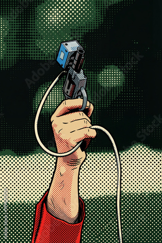 Pop art illustration of race official holding a starting gun with a connected timer, signaling the start of a sporting event.