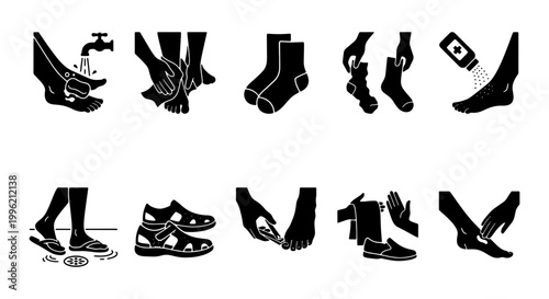 Foot care and hygiene icon set, 10 black vector silhouettes for podiatry and medical treatment, diabetic foot care routine and skin health illustrations