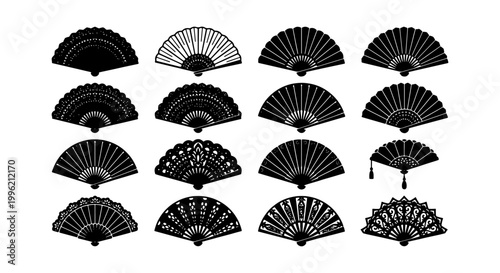 Traditional hand fan silhouettes set, 16 decorative folding fan icons, oriental and spanish style hand fans, black vector accessory elements
