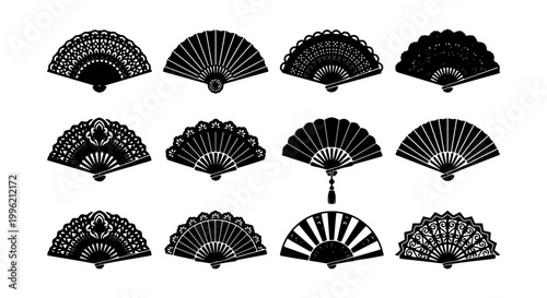 Traditional hand fan silhouettes set, 12 black oriental folding fan icons, decorative vintage asian fan vector illustrations for fashion and cultural design