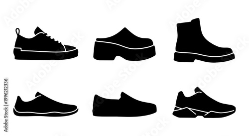 Minimalist footwear silhouette collection, set of 6 black shoe icons including sneakers and boots, modern fashion footwear vector illustrations