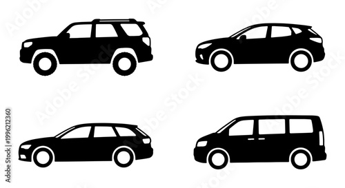 Black car silhouette icons set, modern SUV and minivan vector illustrations, automotive transport symbols for web and mobile apps, 4 vehicle types