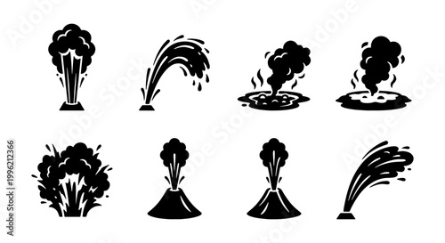 Oil rig explosion and gushing geyser icons, black silhouette industrial spill and volcano eruption set, 8 vector elements for energy industry