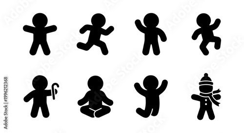 Gingerbread man cookie silhouette icons, set of 8 Christmas biscuit vector shapes, holiday baking character symbols for winter seasonal design