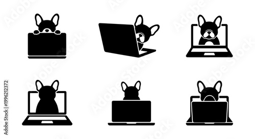 French Bulldog laptop icons set, black and white dog silhouette vector collection, funny puppy working on computer graphics for web design