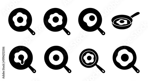 Minimalist frying pan with fried egg icon set, black silhouette kitchen cookware vector collection, 8 breakfast cooking symbols for menu design