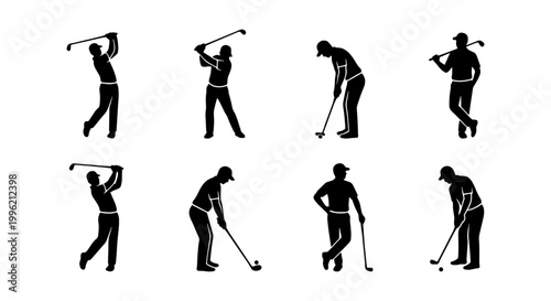 Golf player silhouettes set, professional golfer swinging club and putting ball, 8 male athlete figures in black and white vector format
