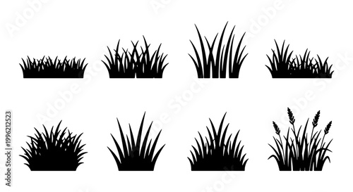 Black grass silhouette set with 8 vector elements, botanical meadow tuft icons, organic lawn and garden weed shapes for landscape design